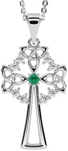 Diamond Emerald White Gold Celtic Cross Trinity Knot Necklace