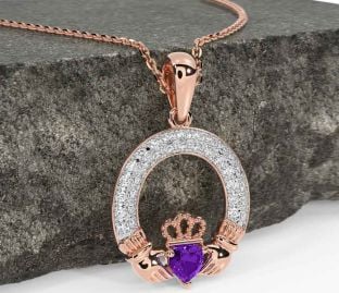 Diamond Amethyst Rose Gold Silver Claddagh Necklace