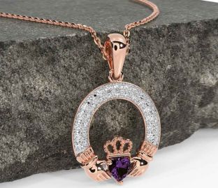Diamond Alexandrite Rose Gold Silver Claddagh Necklace