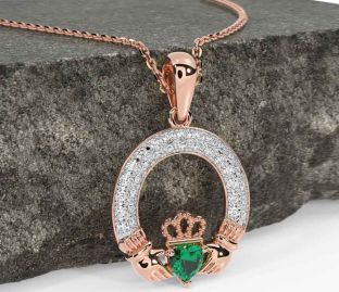Diamond Emerald Rose Gold Silver Claddagh Necklace