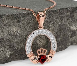 Diamond Garnet Rose Gold Silver Claddagh Necklace