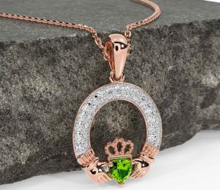 Diamond Peridot Rose Gold Silver Claddagh Necklace