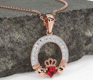 Diamond Ruby Rose Gold Silver Claddagh Necklace
