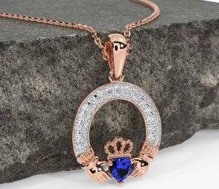 Diamond Sapphire Rose Gold Silver Claddagh Necklace