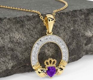 Diamond Amethyst Gold Silver Claddagh Necklace