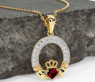 Diamond Garnet Gold Silver Claddagh Necklace