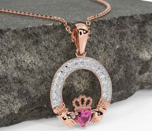 Diamond Pink Tourmaline Rose Gold Claddagh Necklace