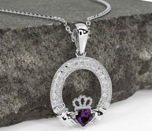 Diamond Alexandrite Silver Claddagh Necklace