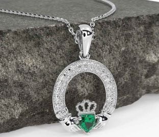 Diamond Emerald Silver Claddagh Necklace