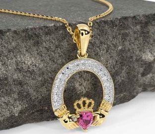 Diamond Pink Tourmaline Gold Claddagh Necklace