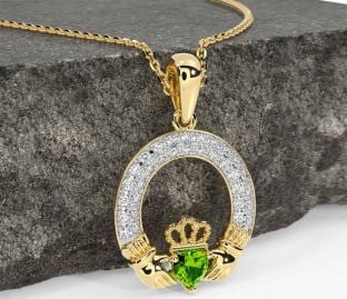 Diamond Peridot Gold Claddagh Necklace