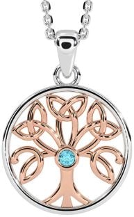 Aquamarine Rose Gold Silver Celtic Tree of Life Trinity Knot Necklace