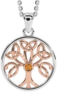 Citrine Rose Gold Silver Celtic Tree of Life Trinity Knot Necklace