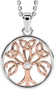 Diamond Rose Gold Silver Celtic Tree of Life Trinity Knot Necklace