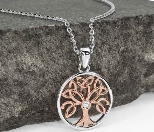 Diamond Rose Gold Silver Celtic Tree of Life Trinity Knot Necklace