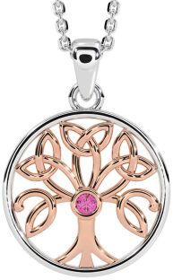 Pink Tourmaline Rose Gold Silver Celtic Tree of Life Trinity Knot Necklace