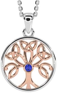 Sapphire Rose Gold Silver Celtic Tree of Life Trinity Knot Necklace