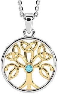 Aquamarine Gold Silver Celtic Tree of Life Trinity Knot Necklace