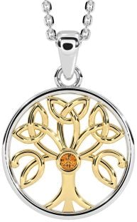 Citrine Gold Silver Celtic Tree of Life Trinity Knot Necklace