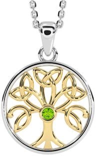 Peridot Gold Silver Celtic Tree of Life Trinity Knot Necklace