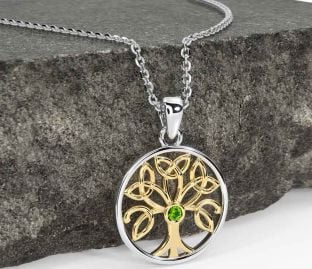 Peridot Gold Silver Celtic Tree of Life Trinity Knot Necklace