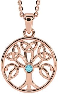 Aquamarine Rose Gold Silver Celtic Tree of Life Trinity Knot Necklace