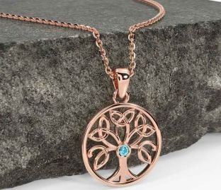 Aquamarine Rose Gold Silver Celtic Tree of Life Trinity Knot Necklace