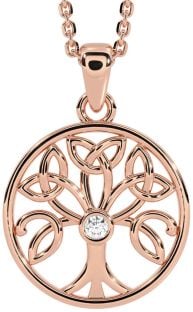 Diamond Rose Gold Silver Celtic Tree of Life Trinity Knot Necklace