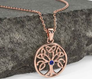 Sapphire Rose Gold Silver Celtic Tree of Life Trinity Knot Necklace