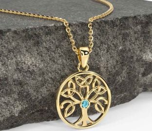 Aquamarine Gold Silver Celtic Tree of Life Trinity Knot Necklace