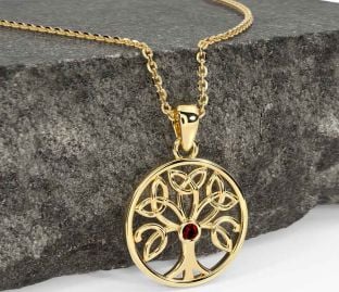 Garnet Gold Silver Celtic Tree of Life Trinity Knot Necklace