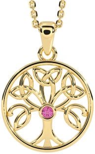 Pink Tourmaline Gold Silver Celtic Tree of Life Trinity Knot Necklace