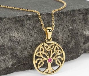 Pink Tourmaline Gold Silver Celtic Tree of Life Trinity Knot Necklace