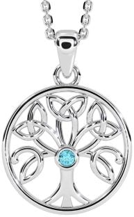 Aquamarine Silver Celtic Tree of Life Trinity Knot Necklace