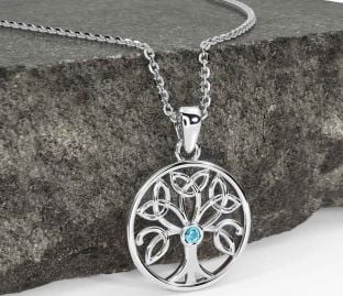 Aquamarine Silver Celtic Tree of Life Trinity Knot Necklace