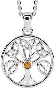 Citrine Silver Celtic Tree of Life Trinity Knot Necklace