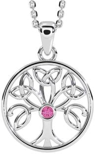 Pink Tourmaline Silver Celtic Tree of Life Trinity Knot Necklace