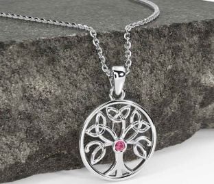 Pink Tourmaline Silver Celtic Tree of Life Trinity Knot Necklace