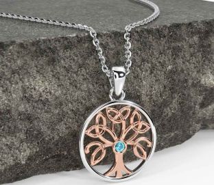 Aquamarine Rose Gold Silver Celtic Tree of Life Trinity Knot Necklace