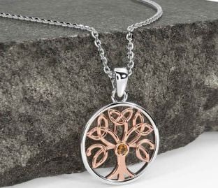 Citrine Rose Gold Silver Celtic Tree of Life Trinity Knot Necklace