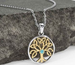 Aquamarine Gold Silver Celtic Tree of Life Trinity Knot Necklace
