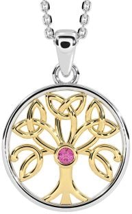 Pink Tourmaline Gold Silver Celtic Tree of Life Trinity Knot Necklace