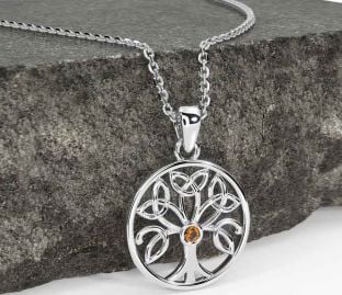 Citrine White Gold Celtic Tree of Life Trinity Knot Necklace