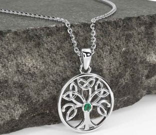 Emerald White Gold Celtic Tree of Life Trinity Knot Necklace