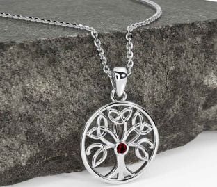 Garnet White Gold Celtic Tree of Life Trinity Knot Necklace