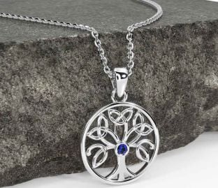 Sapphire White Gold Celtic Tree of Life Trinity Knot Necklace
