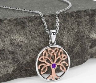 Amethyst White Rose Gold Celtic Tree of Life Trinity Knot Necklace