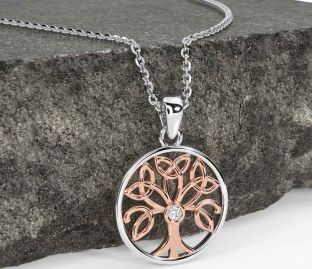 Diamond White Rose Gold Celtic Tree of Life Trinity Knot Necklace