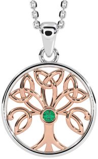 Emerald White Rose Gold Celtic Tree of Life Trinity Knot Necklace