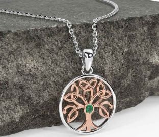 Emerald White Rose Gold Celtic Tree of Life Trinity Knot Necklace
